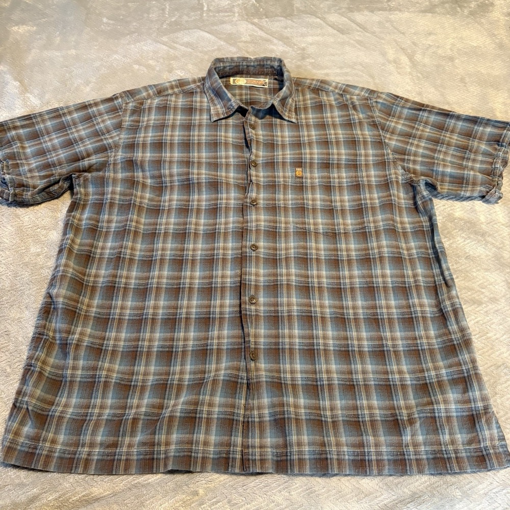GH Bass Brown & Blue Plaid Short Sleeve Cotton Button-Up Shirt Men's L